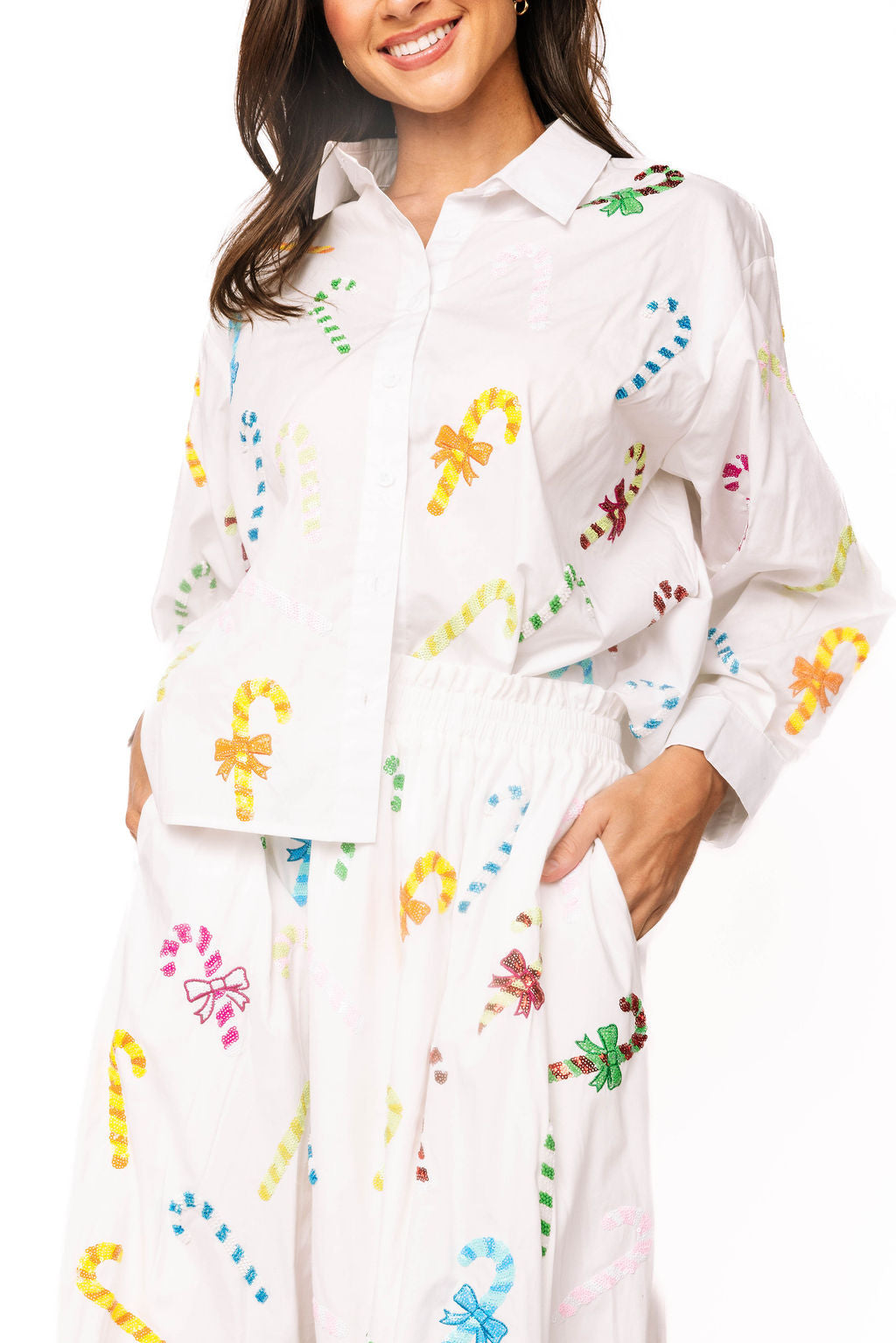 White Cotton Multi Candy Cane Button Up Top