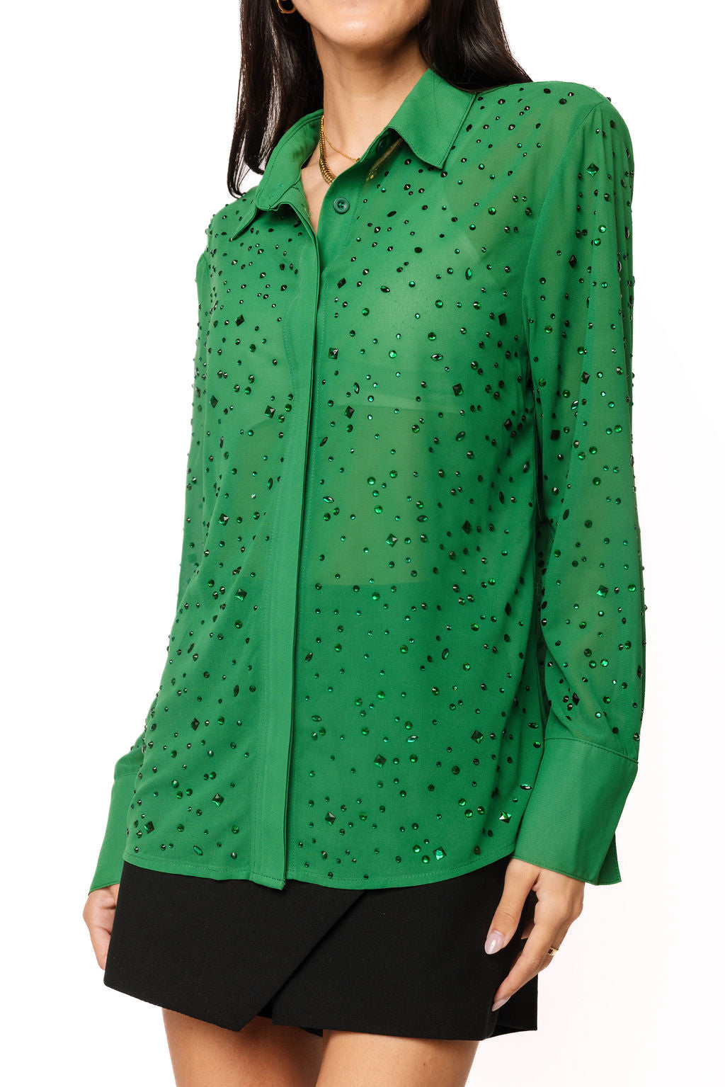 Green Rhinestone Sheer Button Up Top
