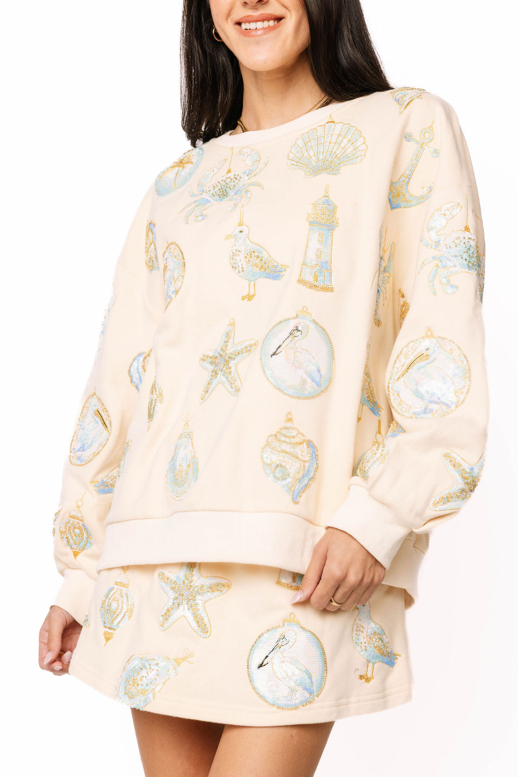 Ivory & Mint Coastal Sea Shell Ornament Sweatshirt