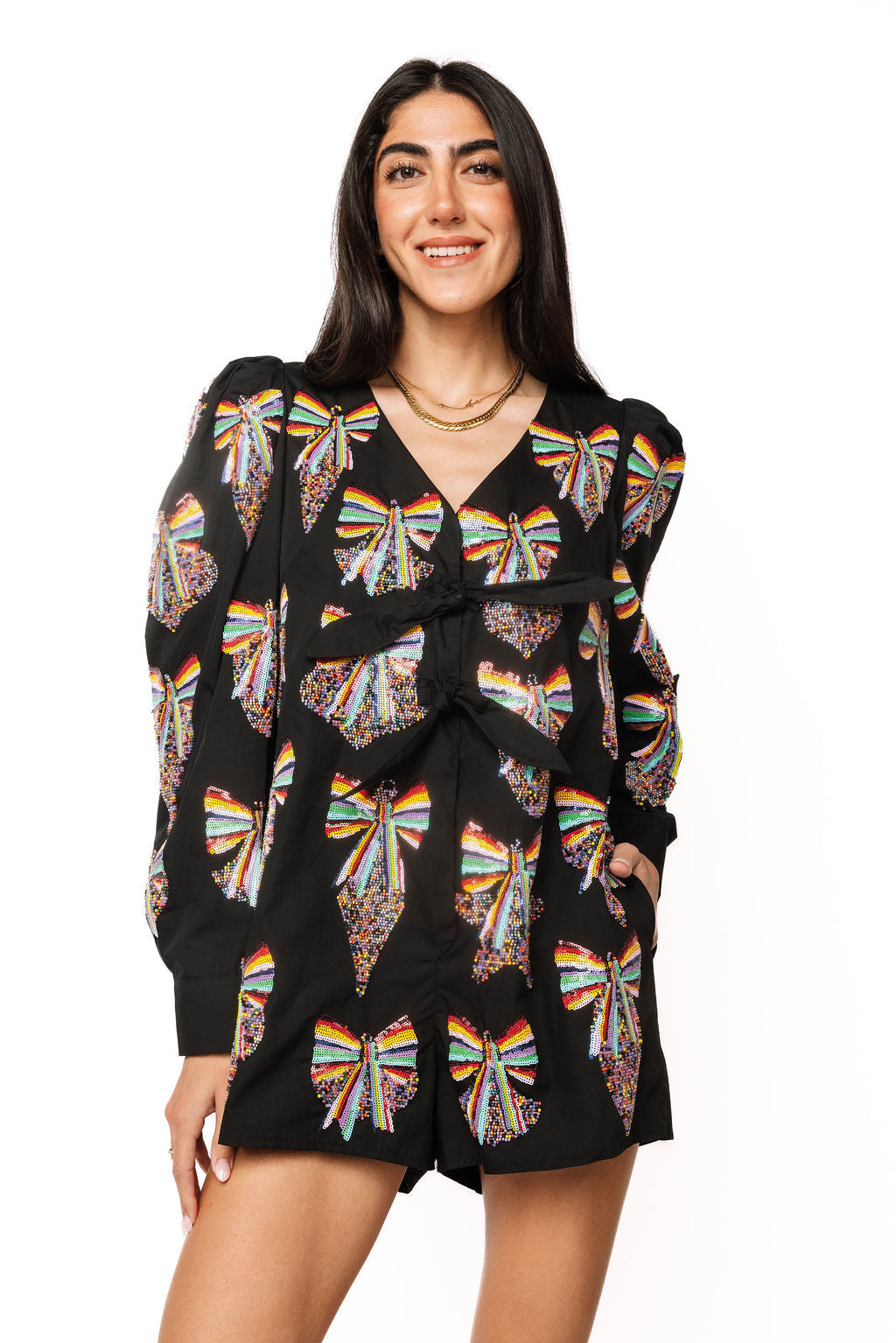 Sample Black Multi Rainbow Beaded Ornaments & Bows Poof Sleeve Romper