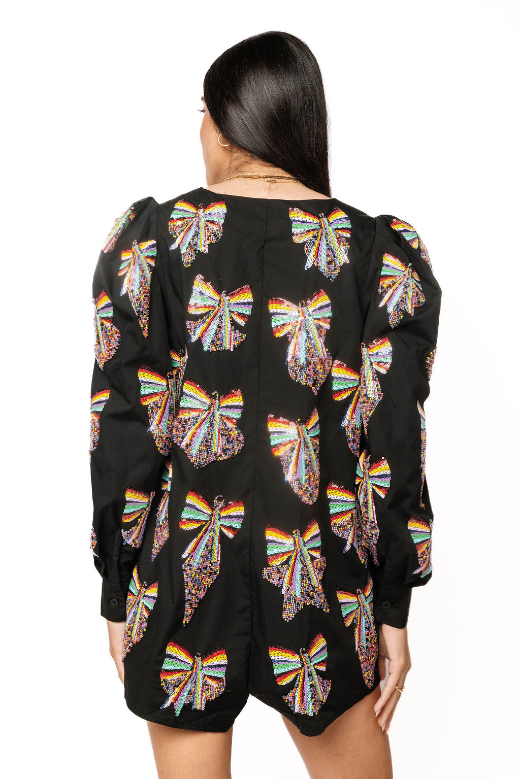 Sample Black Multi Rainbow Beaded Ornaments & Bows Poof Sleeve Romper