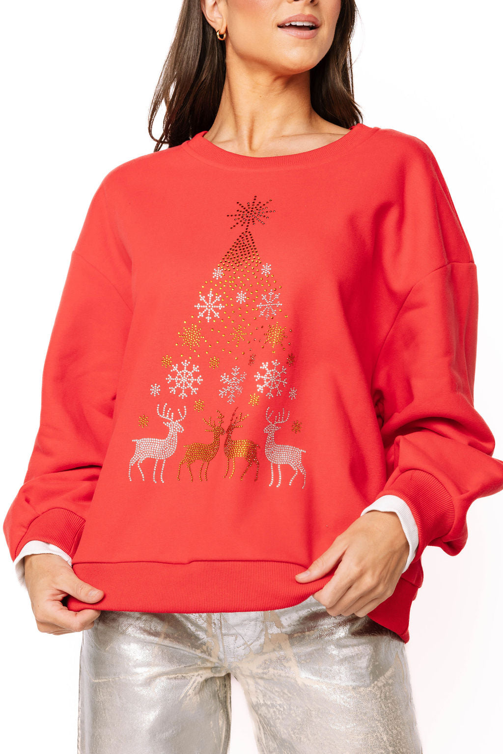 Sample Red Rhinestone Snowflake & Reindeer Christmas Tree Sweatshirt