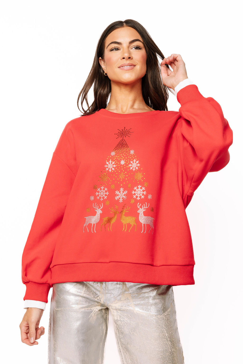 Sample Red Rhinestone Snowflake & Reindeer Christmas Tree Sweatshirt
