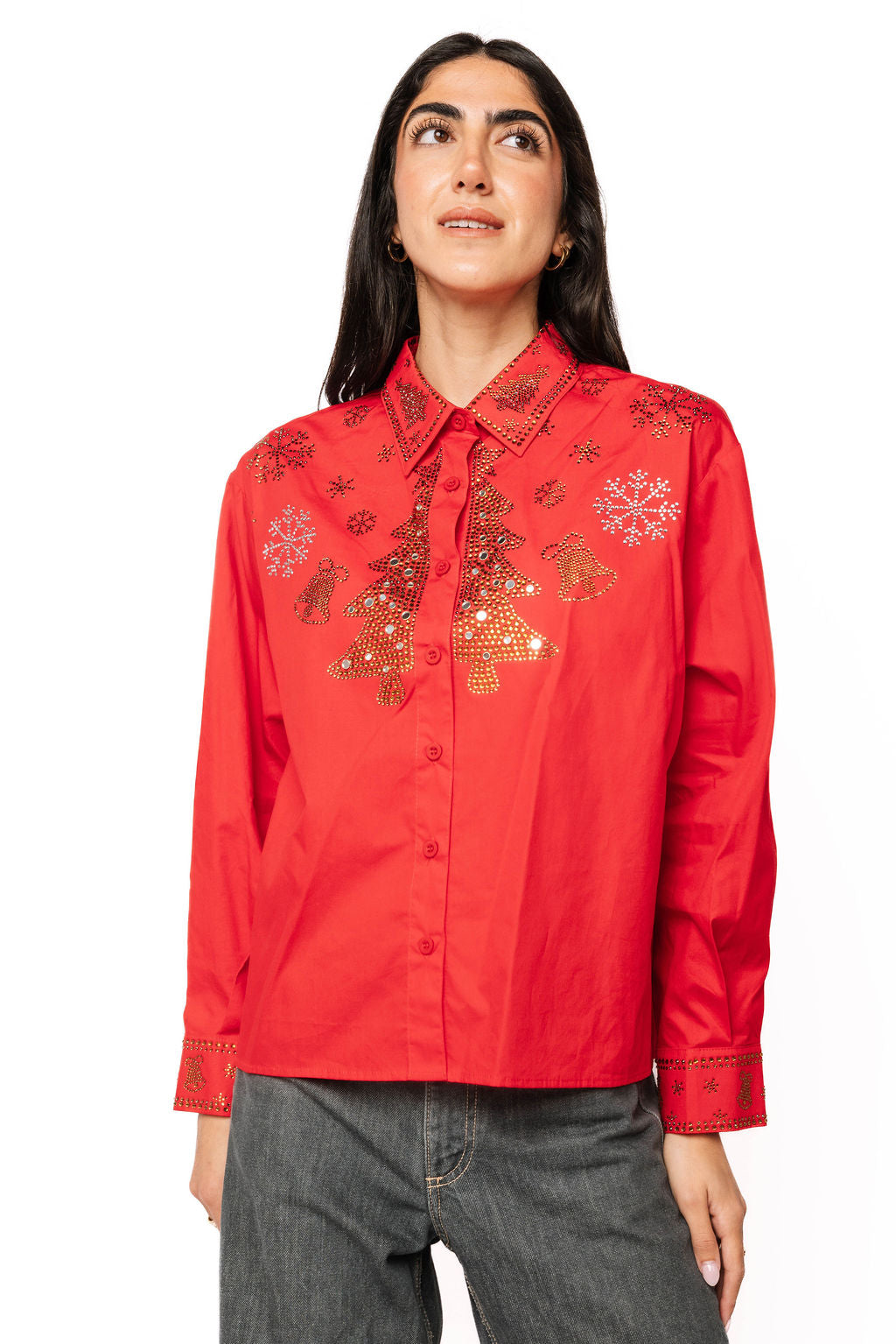 Sample Red Rhinestone Christmas Icon Button Up Long Sleeve Top