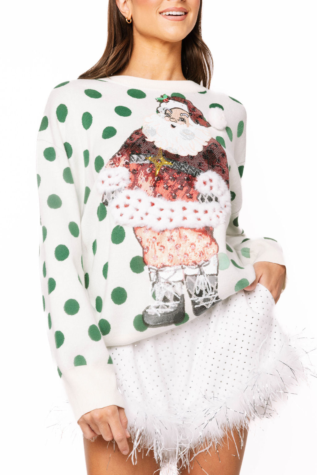 White & Green Polka Dot Sequin Santa Sweater