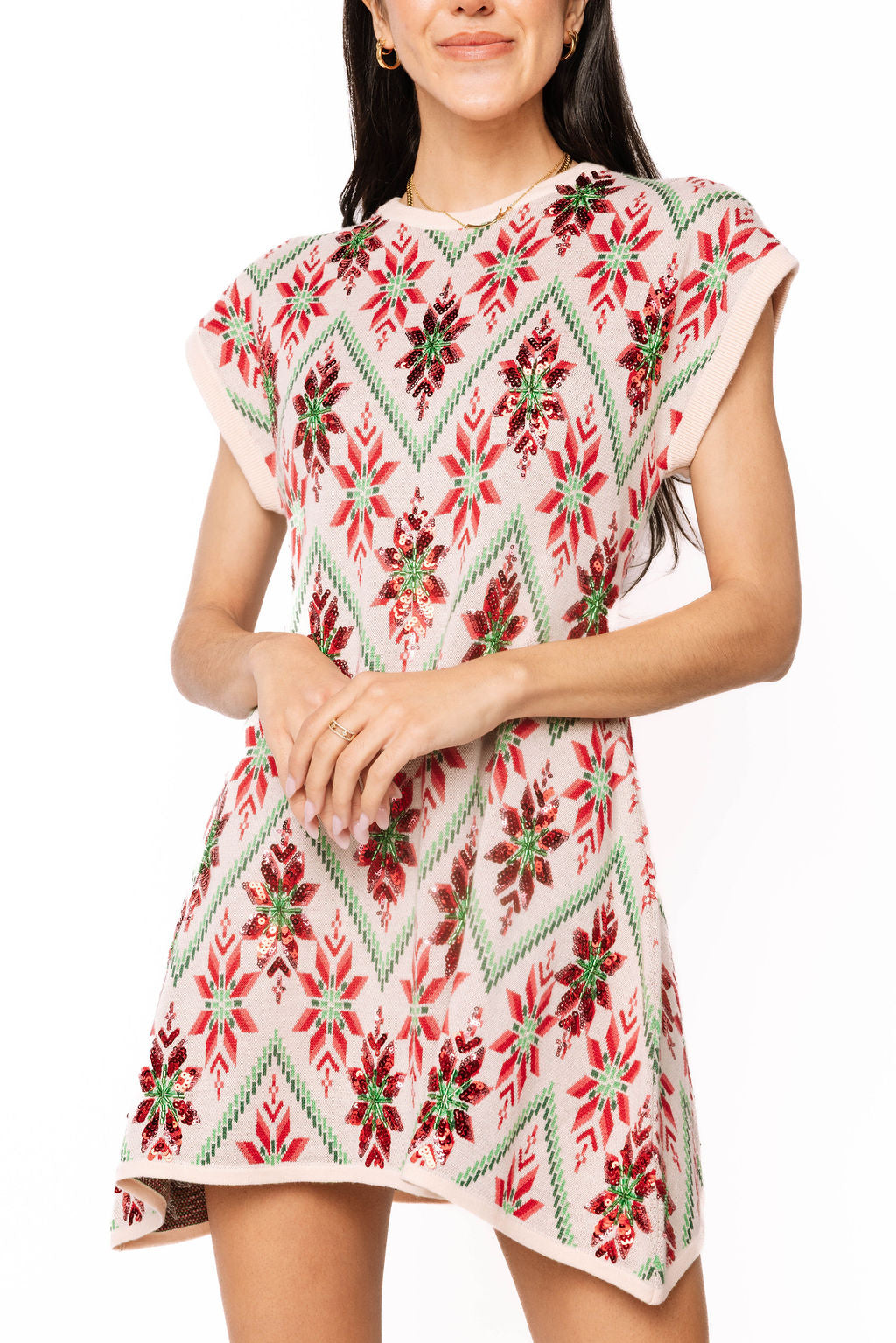 Beige, Green & Red Flower Print Christmas Sweater Dress