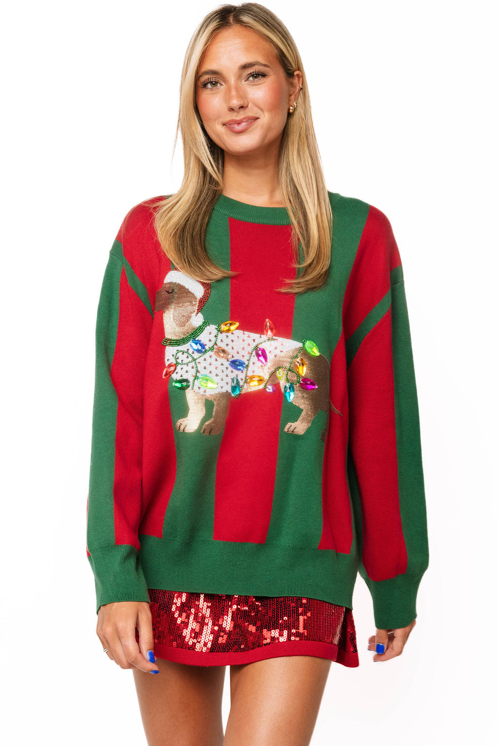 Green & Red Striped Weenie Dog with Lights Sweater