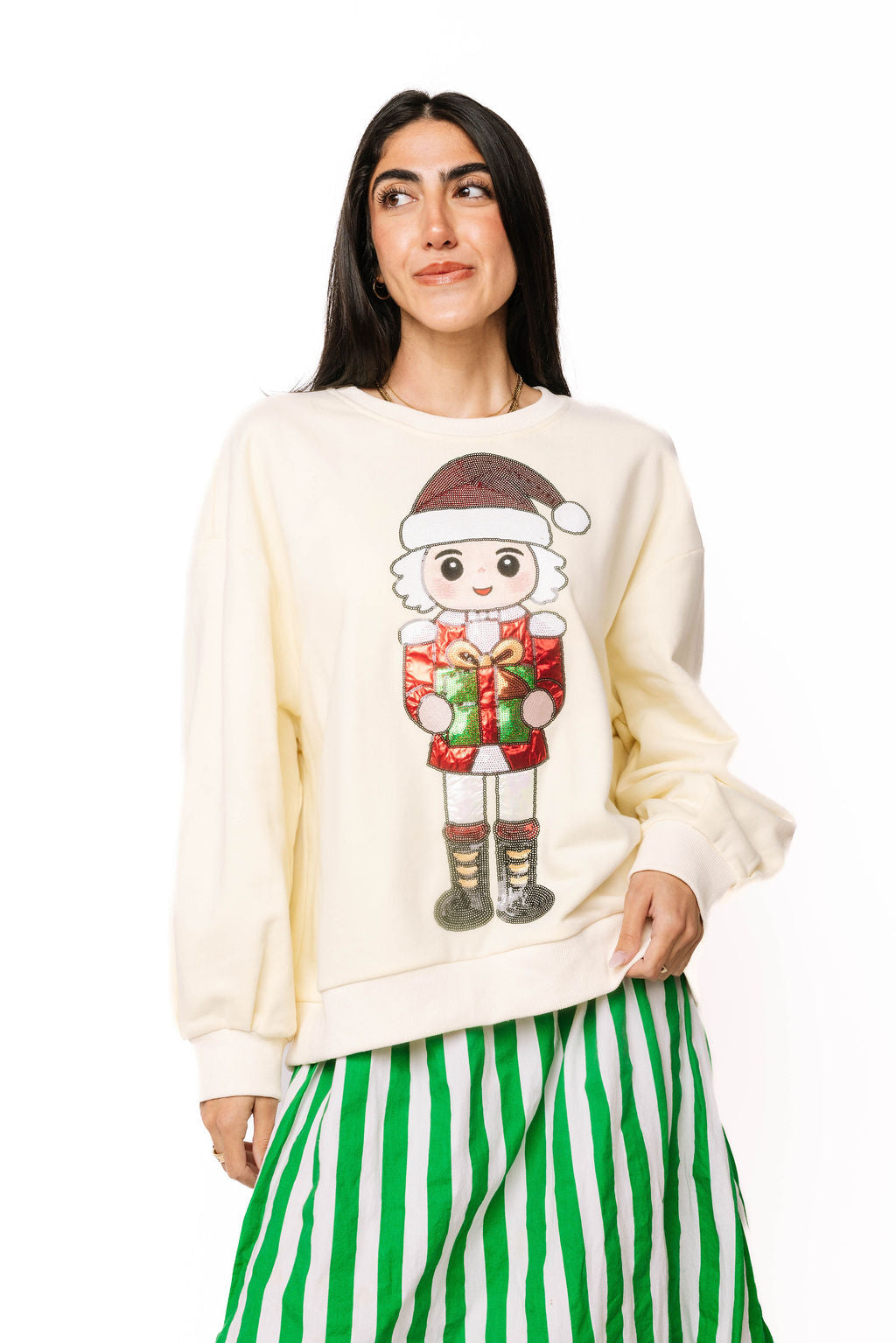 Sample Beige Animated Santa Nutcracker Holding Present Sweatshirt