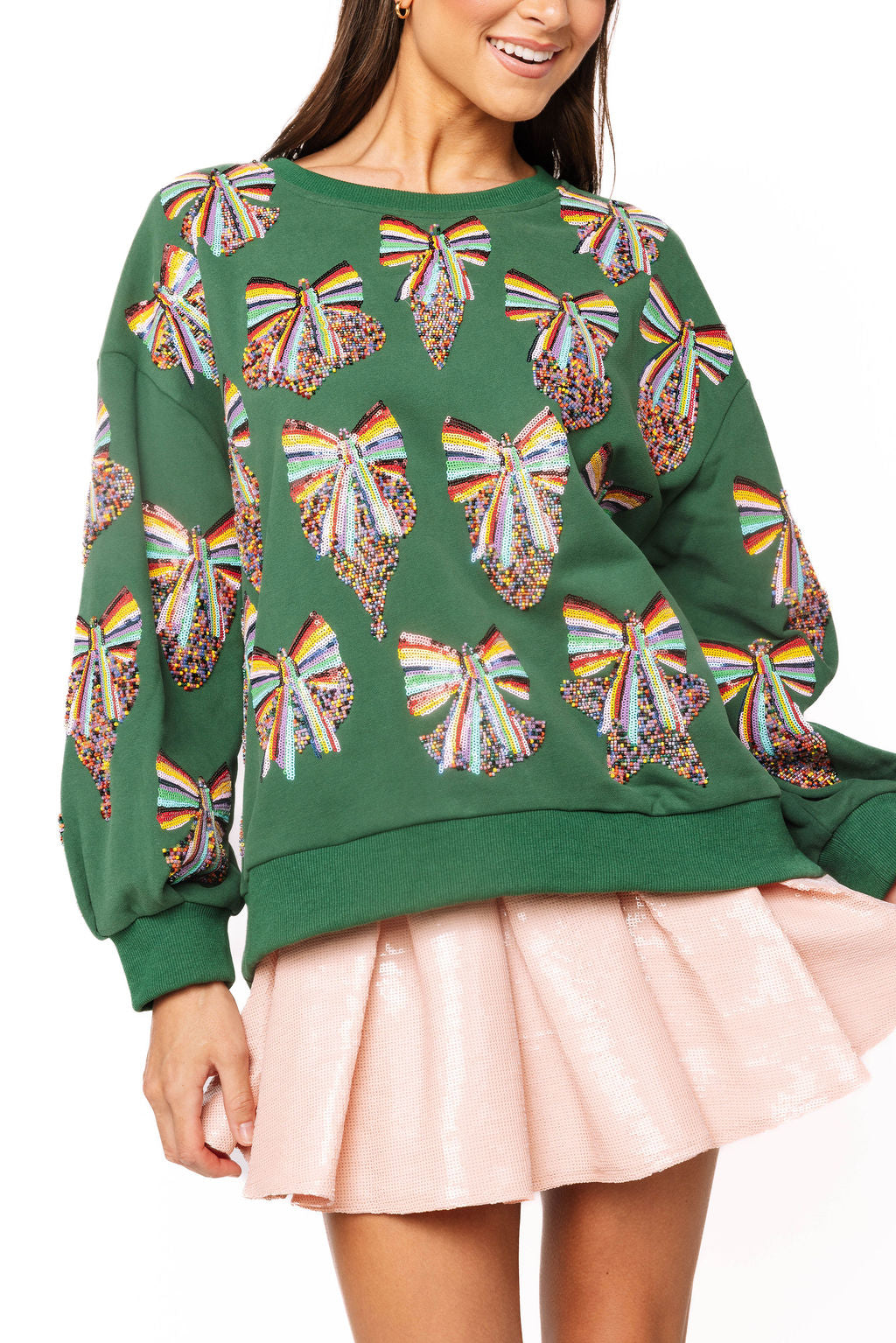Dark Green Multi Rainbow Beaded Ornament Sweatshirt