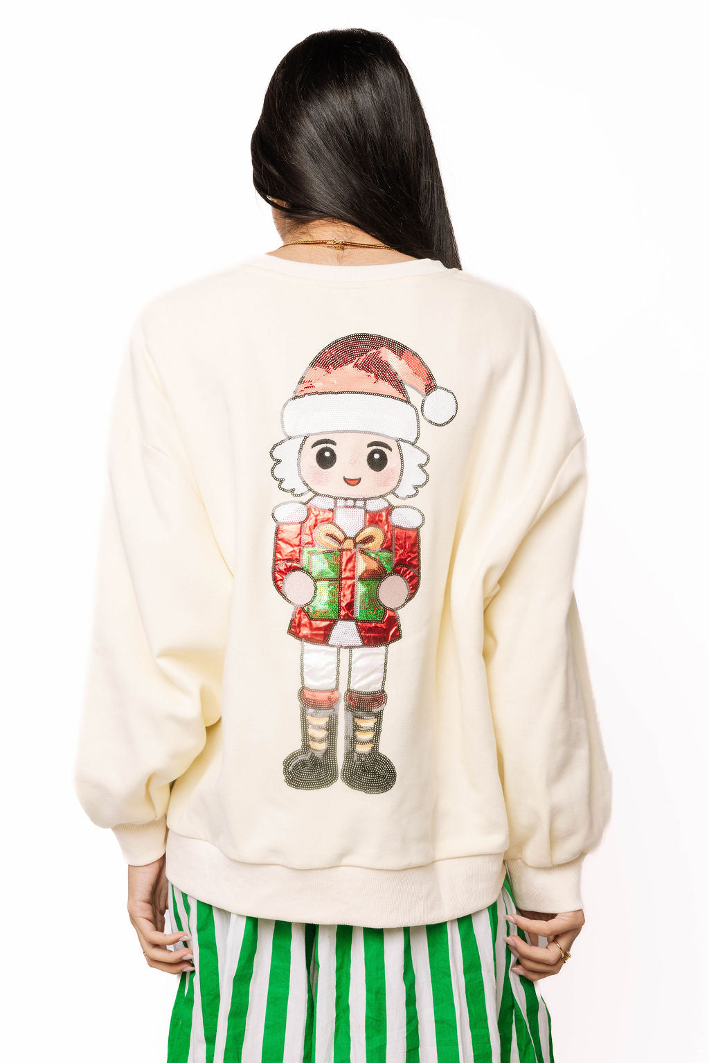 Sample Beige Animated Santa Nutcracker Holding Present Sweatshirt