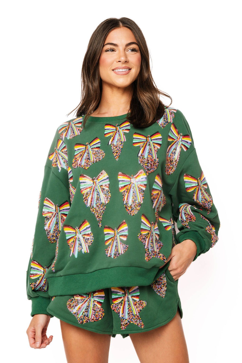 Dark Green Multi Rainbow Beaded Ornament Sweatshirt