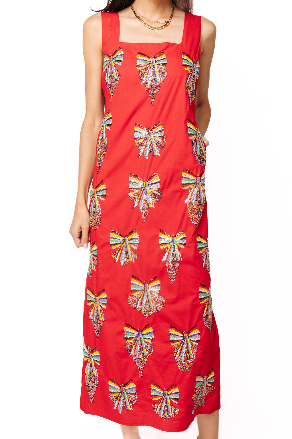 Red Multi Beaded Bow Ornament Cotton Midi Dress