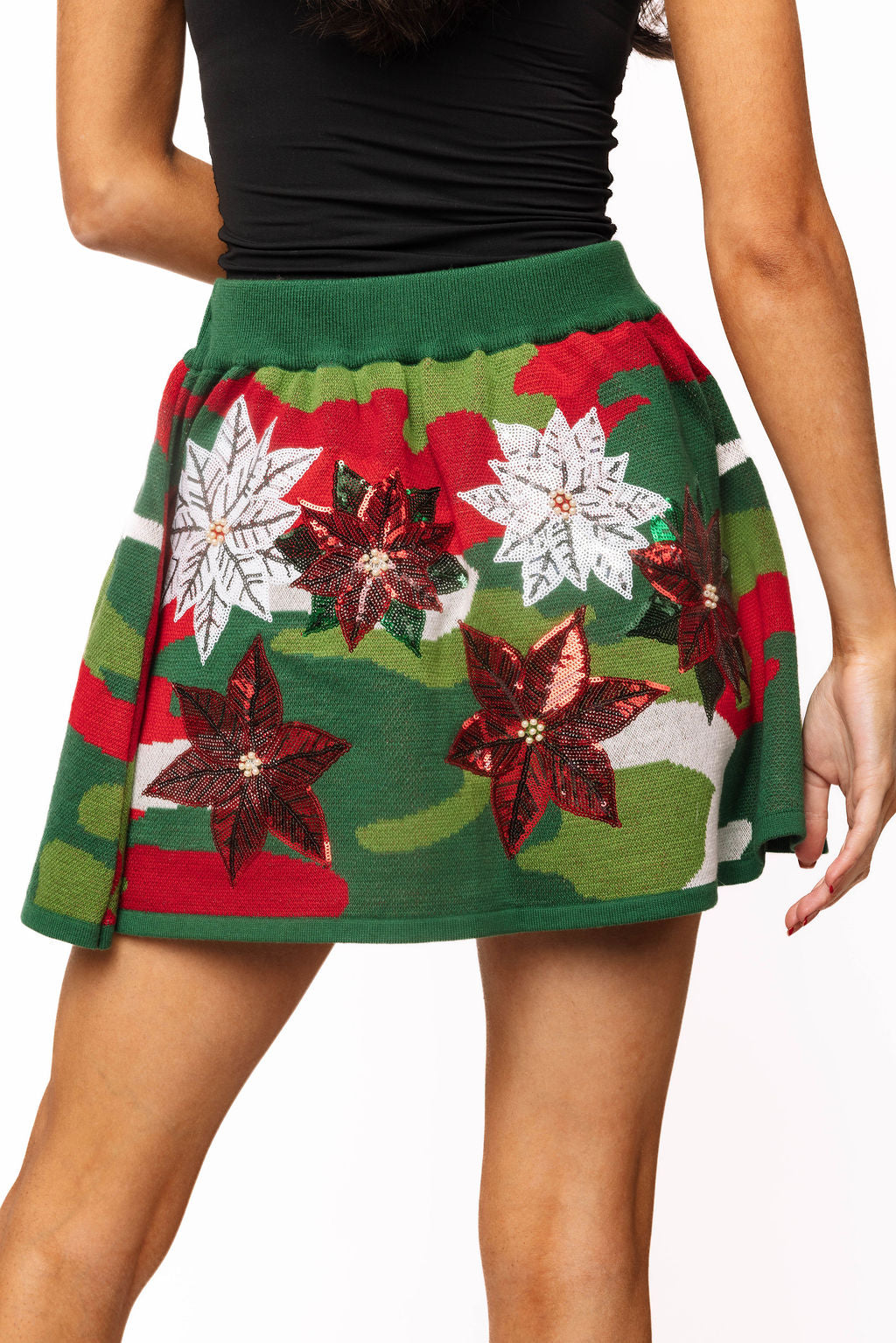 Sample Red & Green Camo Sequin Poinsettia Knit Skirt