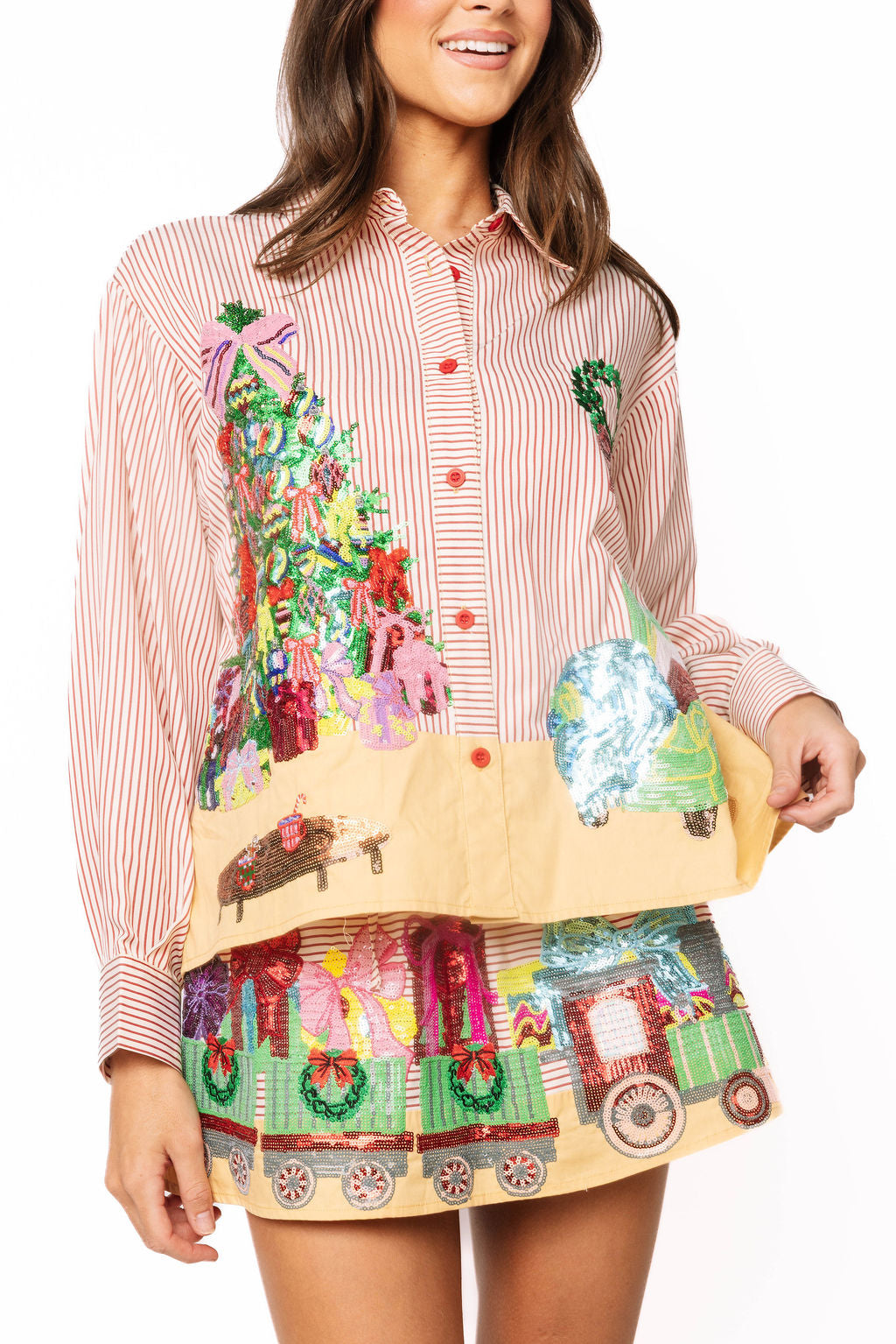 Red Striped Christmas Scene Cotton Top