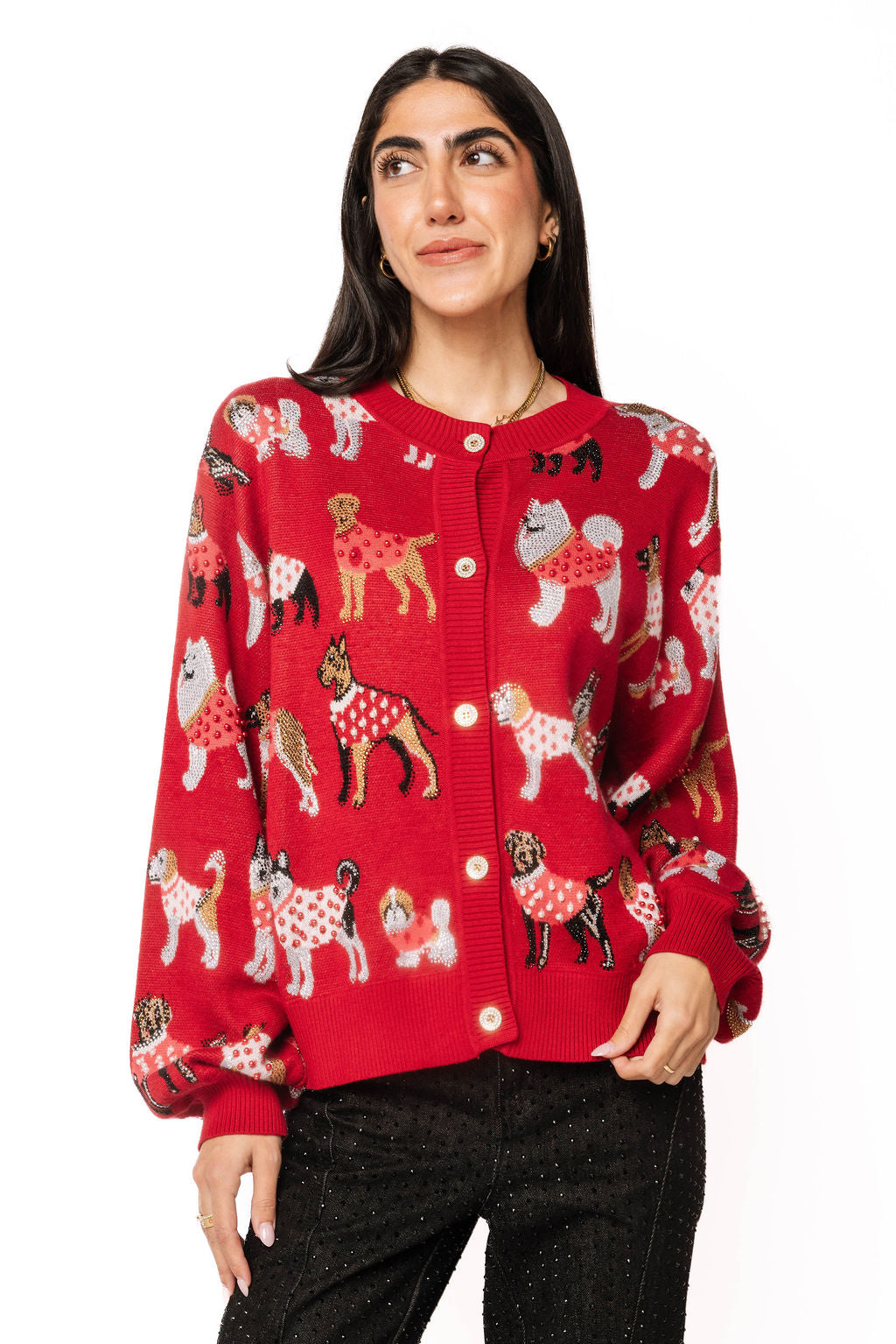 Red Dogs in Polka Dot Sweaters Button Up Cardigan