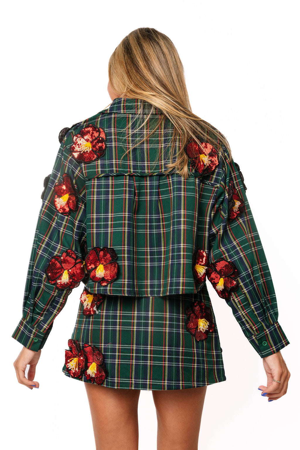 Sample Dark Green Plaid 3D Red Sequin Flower Button Up Top & Skort Set