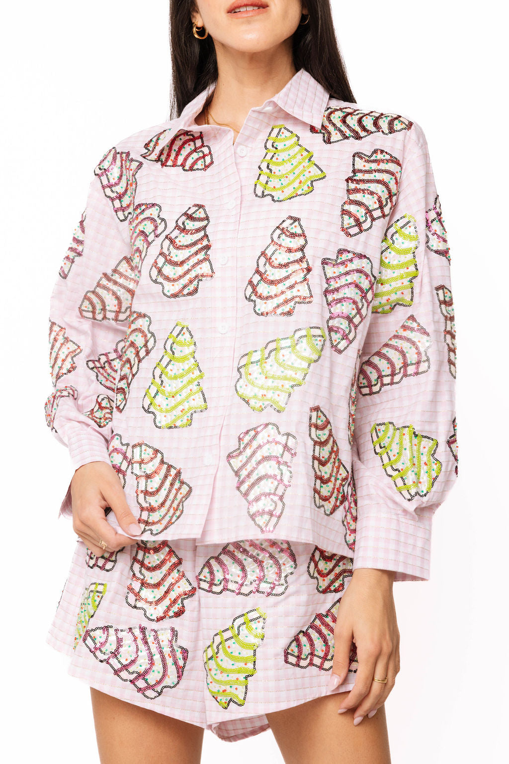 Pink Gingham Christmas Tree Cookies Cotton Short