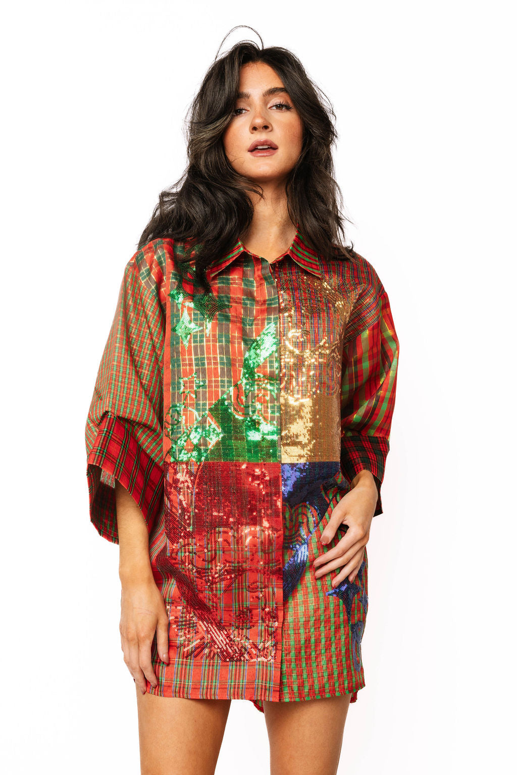 Christmas Plaid Colorblock Metallic QOS Card Logo Tunic