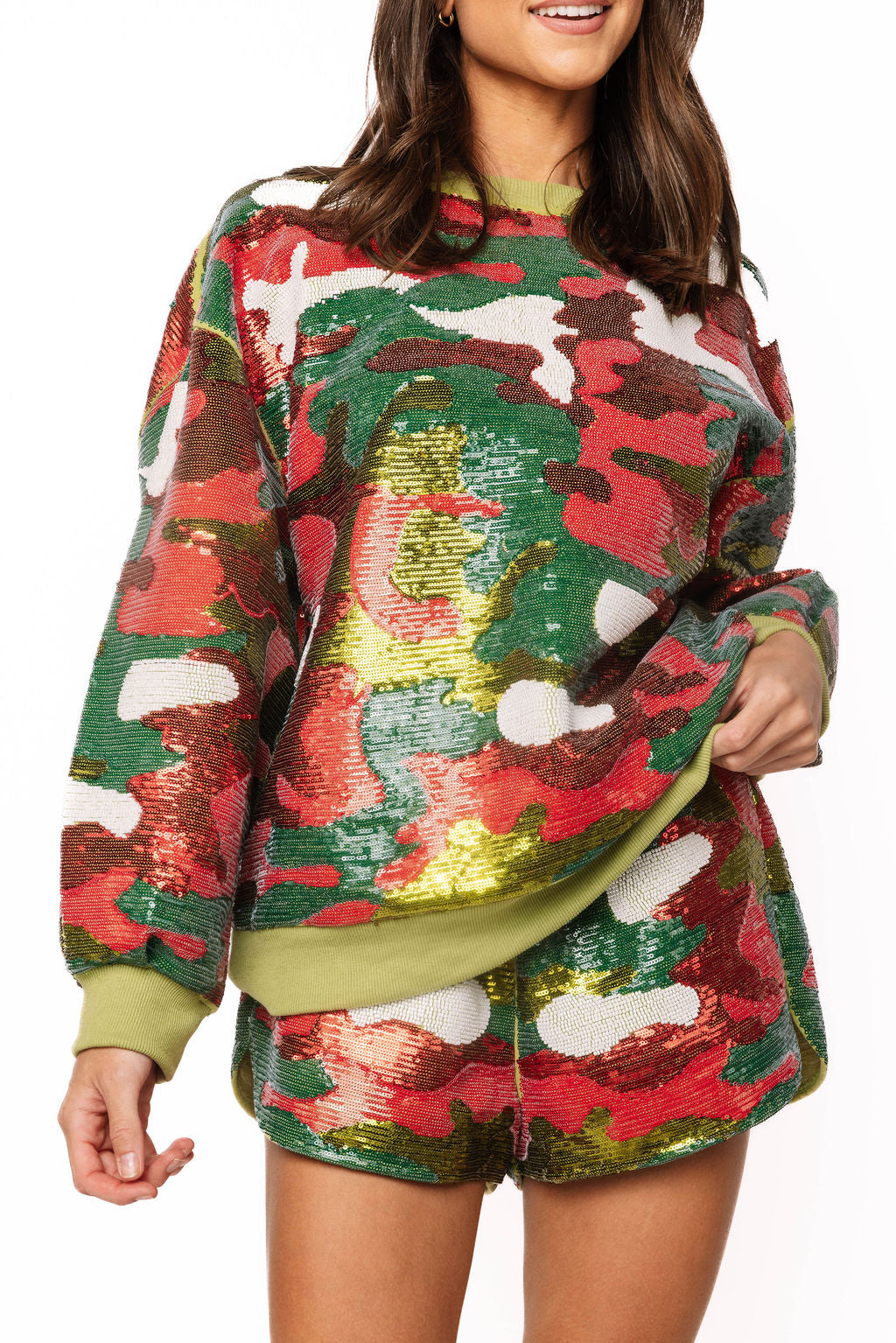 Red & Green Full Sequin Camo Short