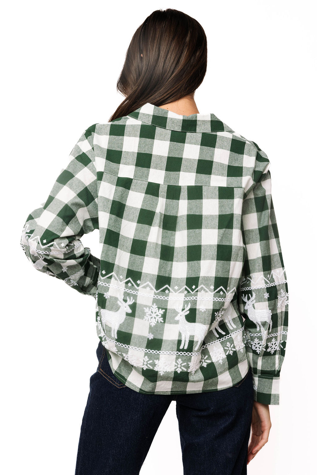 Sample Green & White Plaid Reindeer & Snowflake Button Up Long Sleeve Top