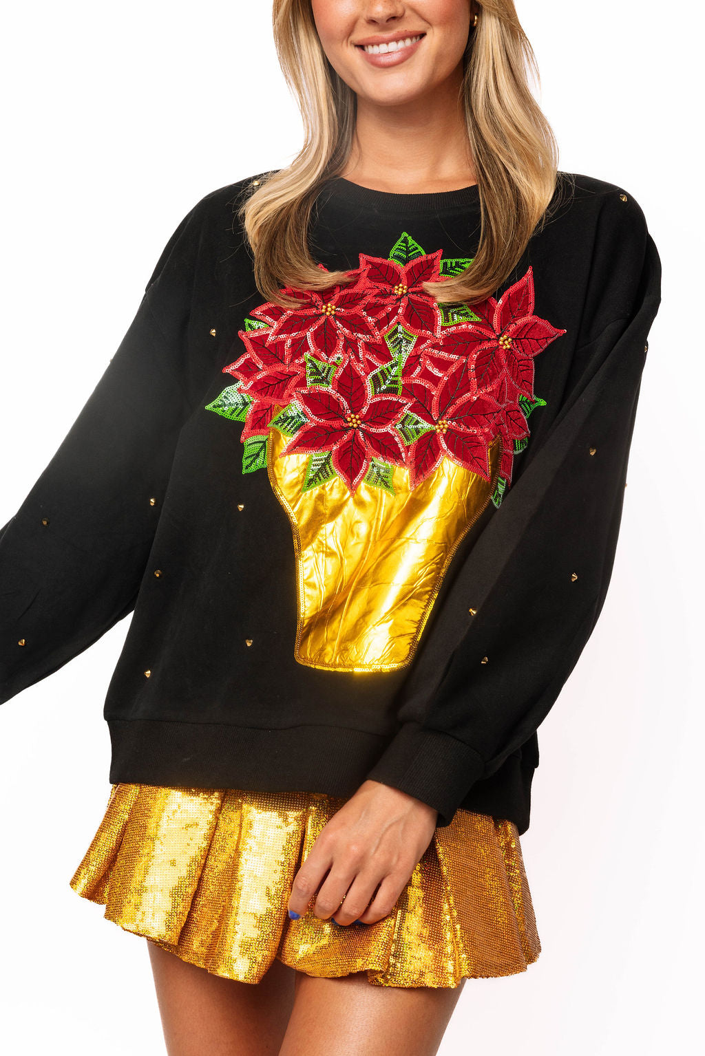 Black Poinsettia in Gold Flower Pot Rhinestone Sweatshirt