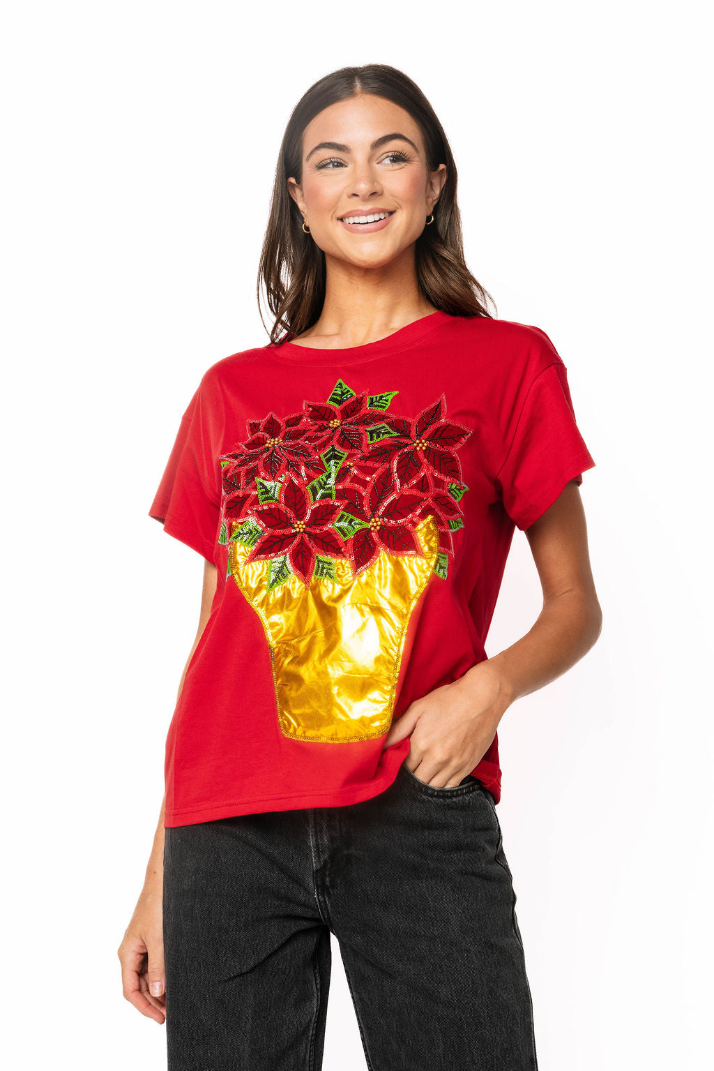 Red Poinsettia in Gold Flower Pot Tee
