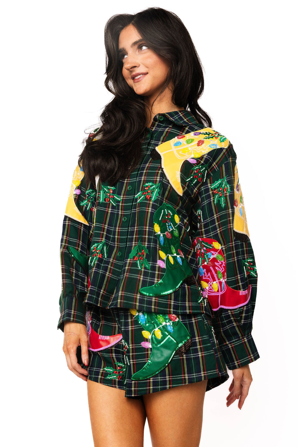 Dark Green Plaid Multi Christmas Cowboy Boots Short