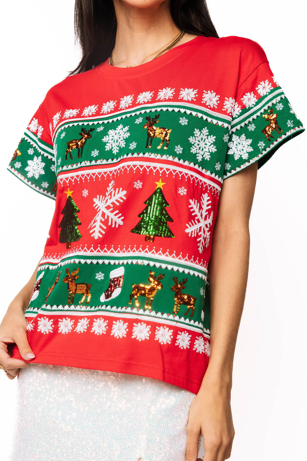 Red & Green Striped Snowflake Christmas Icon Tee