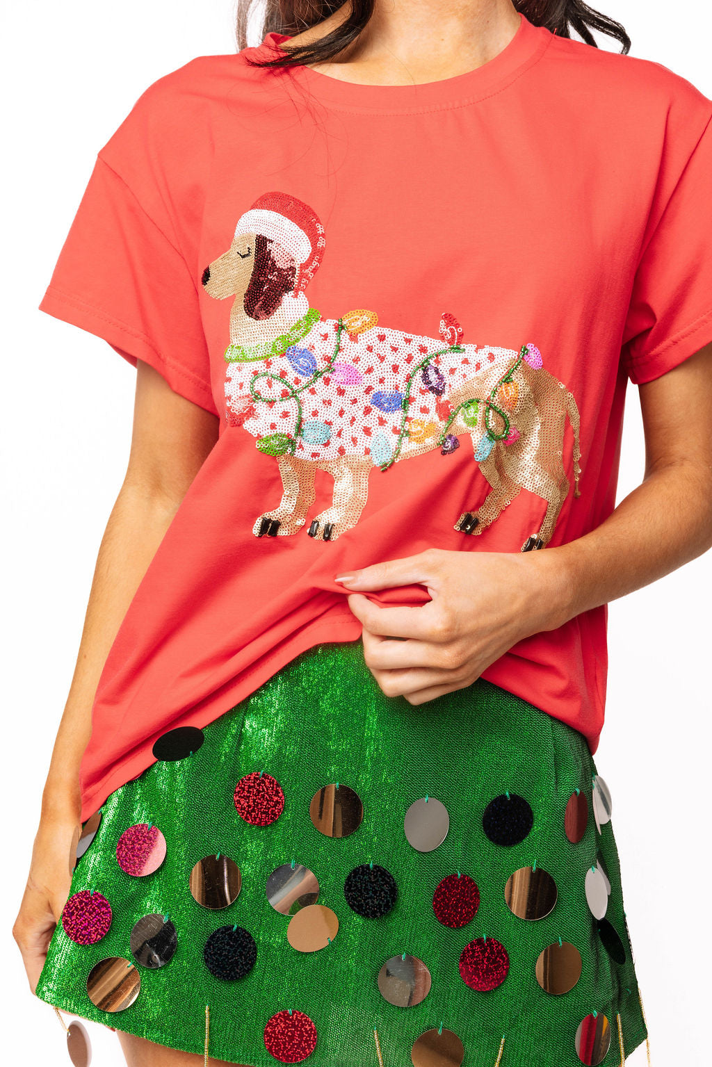Red Weenie Dog in Christmas Lights Tee