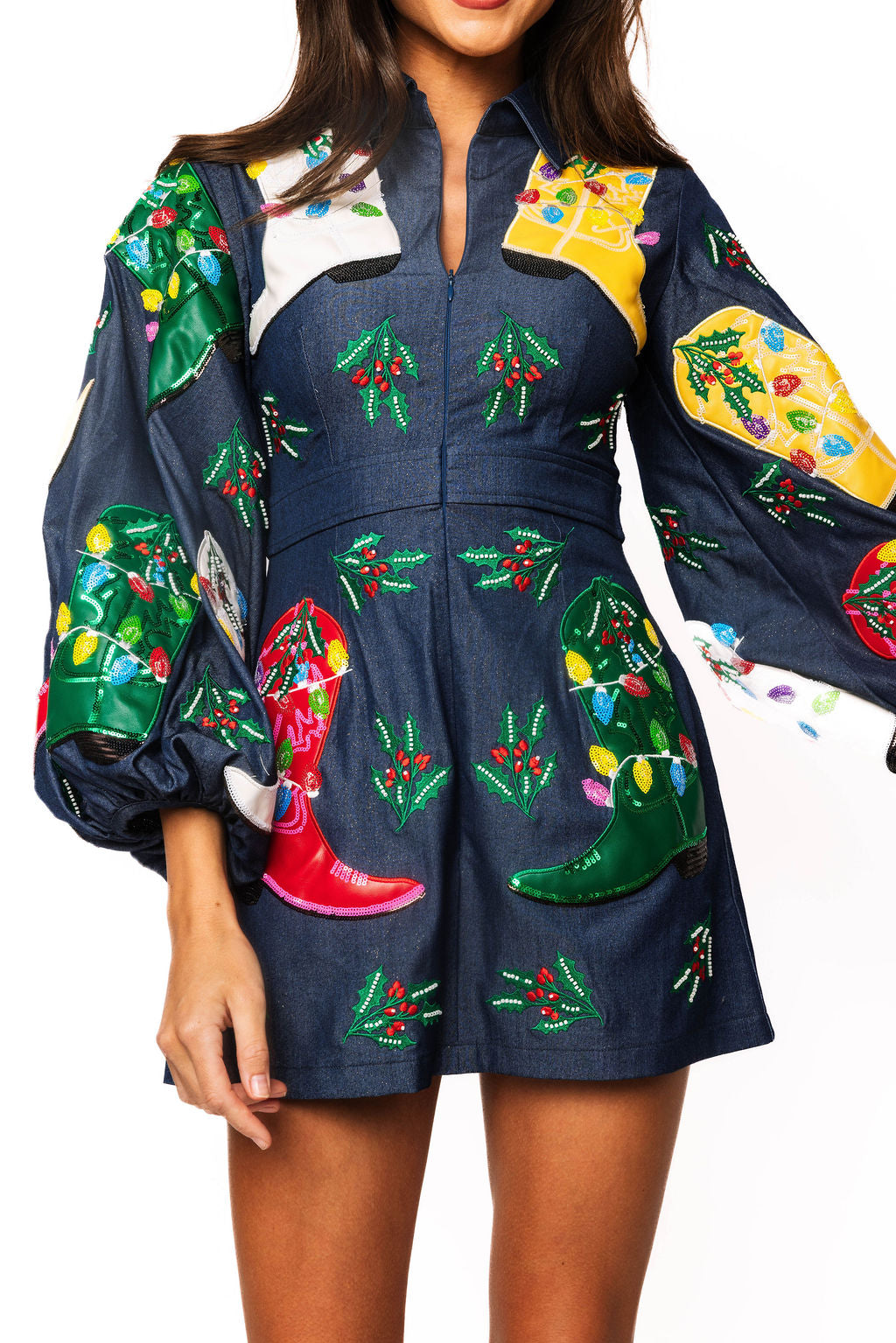 Denim Multi Christmas Cowboy Boot Zip Up Dress