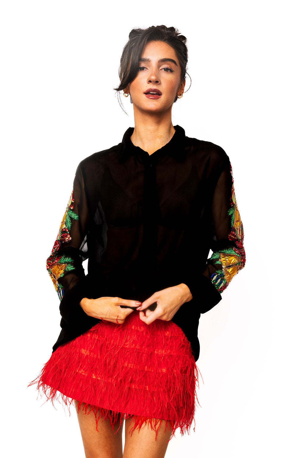 Sample Black Poinsettia & Ornament Sleeve Button Up Top
