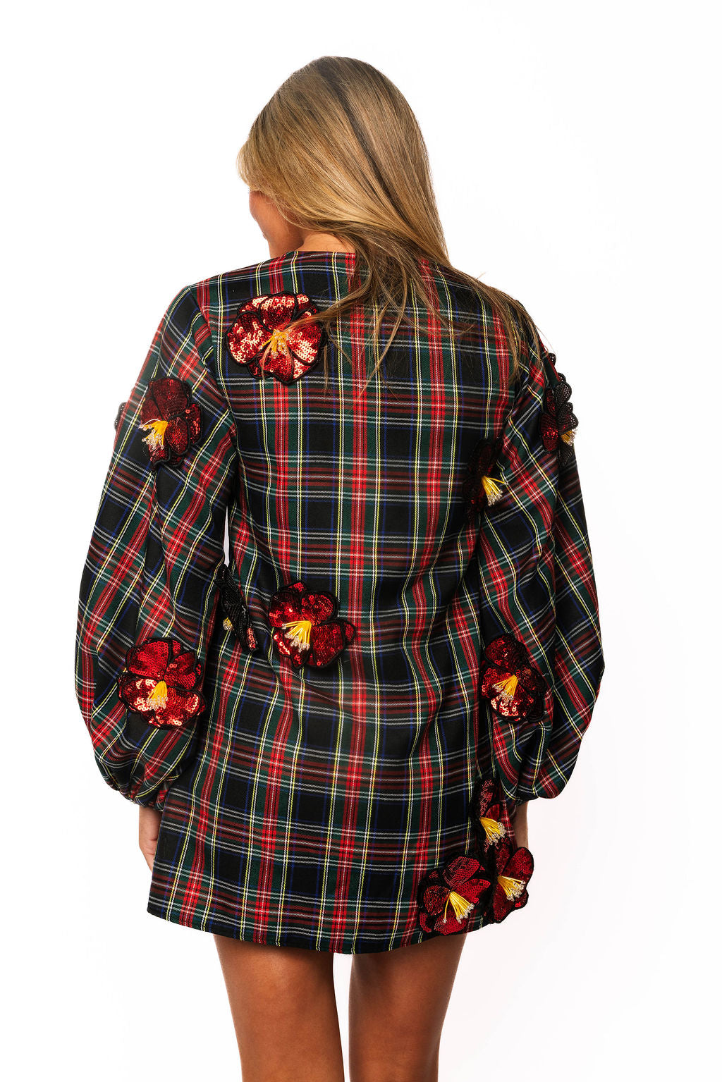 Sample Navy Plaid 3D Red Sequin Flower Button Up Balloon Sleeve Dress