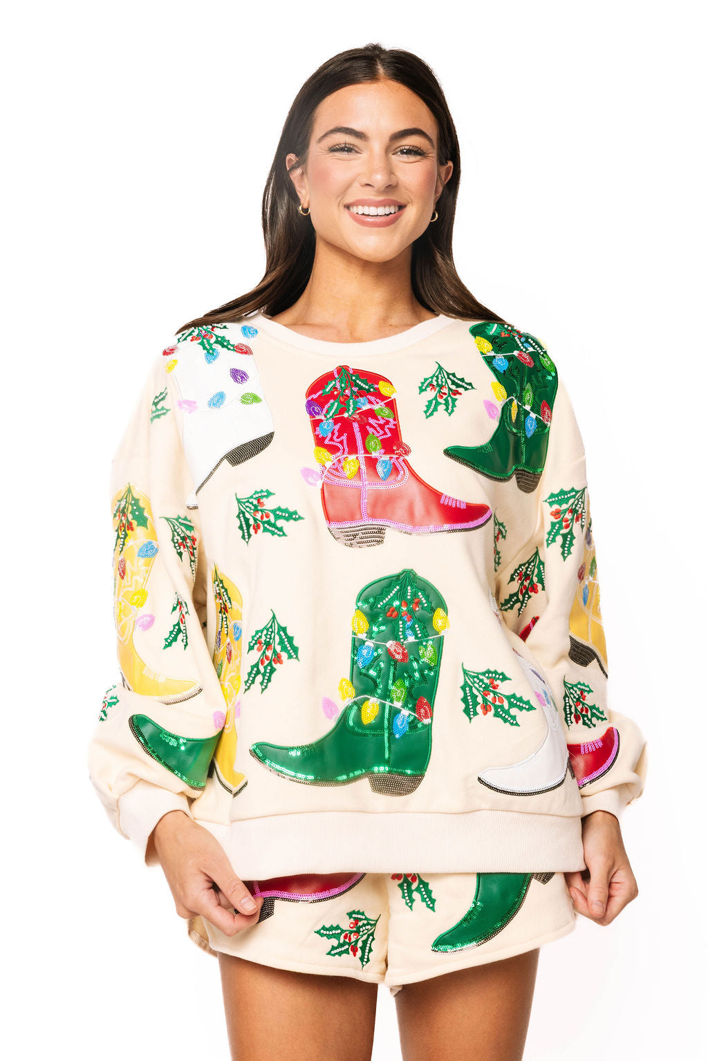 Beige Multi Christmas Cowboy Boots Sweatshirt