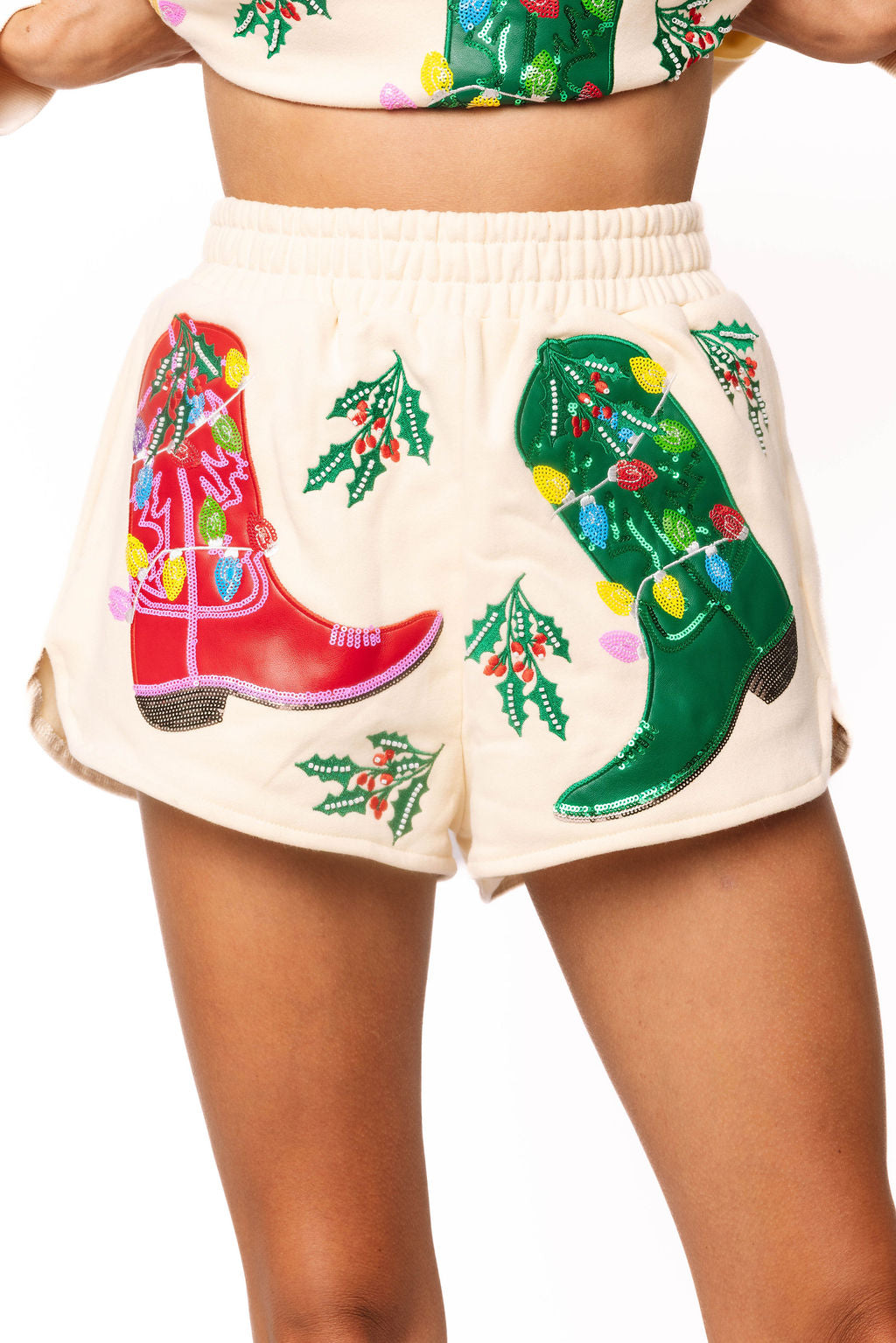 Beige Multi Christmas Cowboy Boots Short