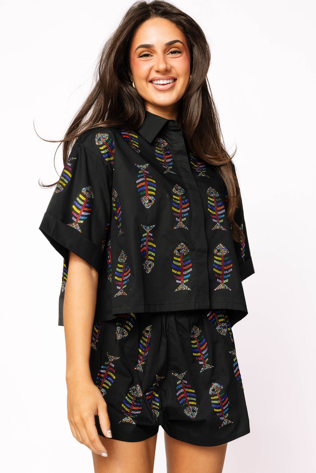 Sample Black Multi Fish Bone Button Up Top/Short Set