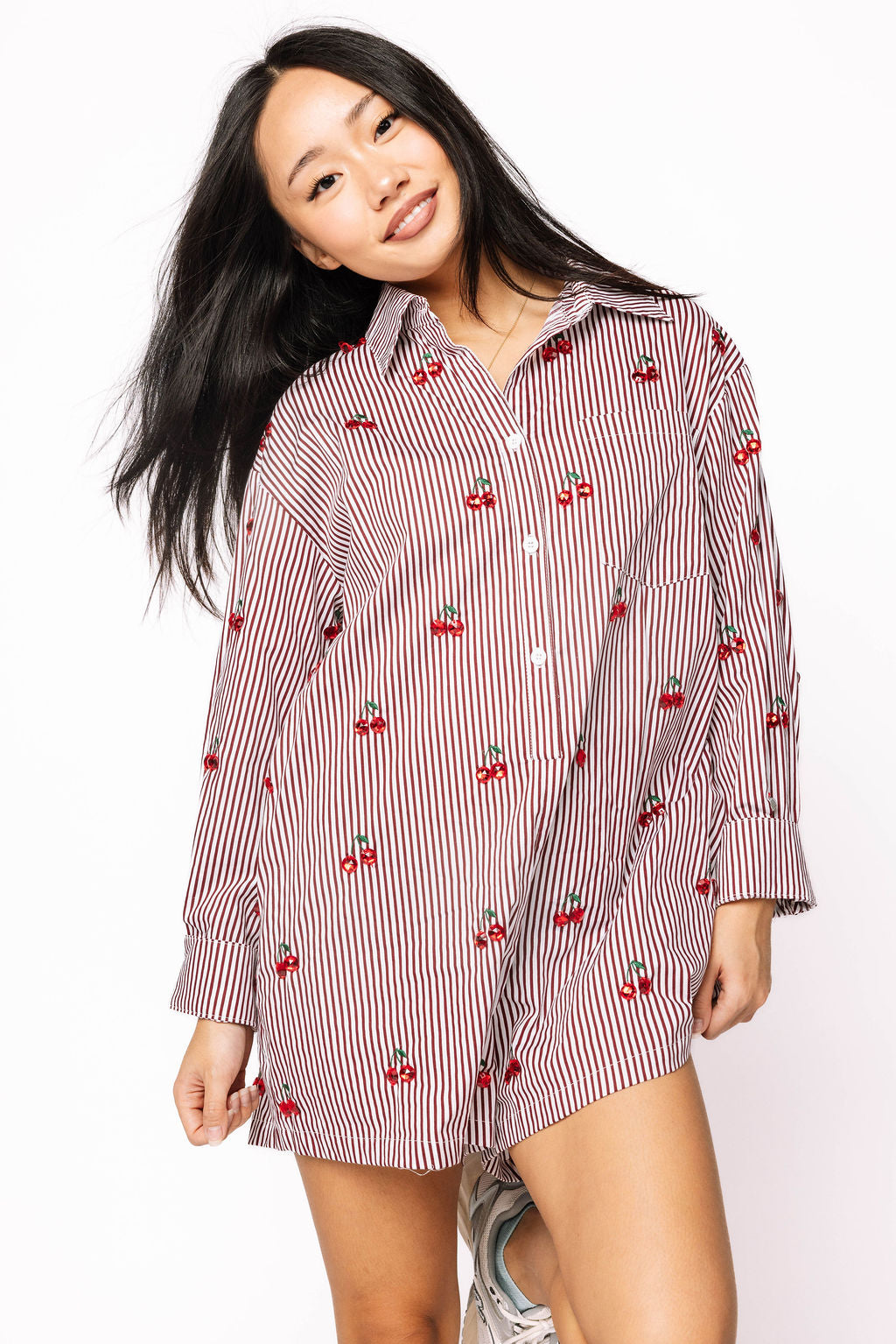 Striped Cotton Button Up Long Sleeve Jeweled Cherry Romper