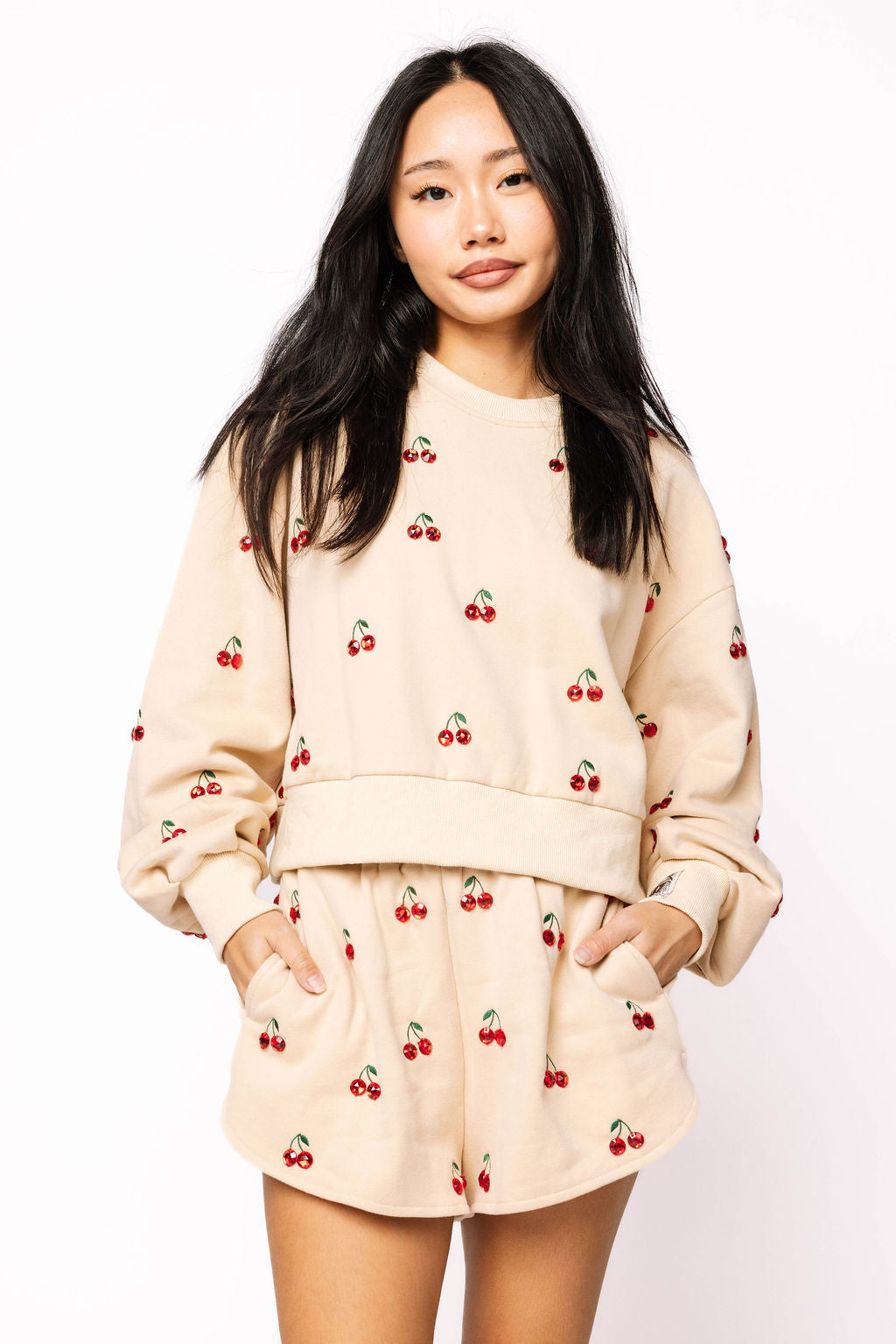 Tan Jeweled Cherry Sweatshirt
