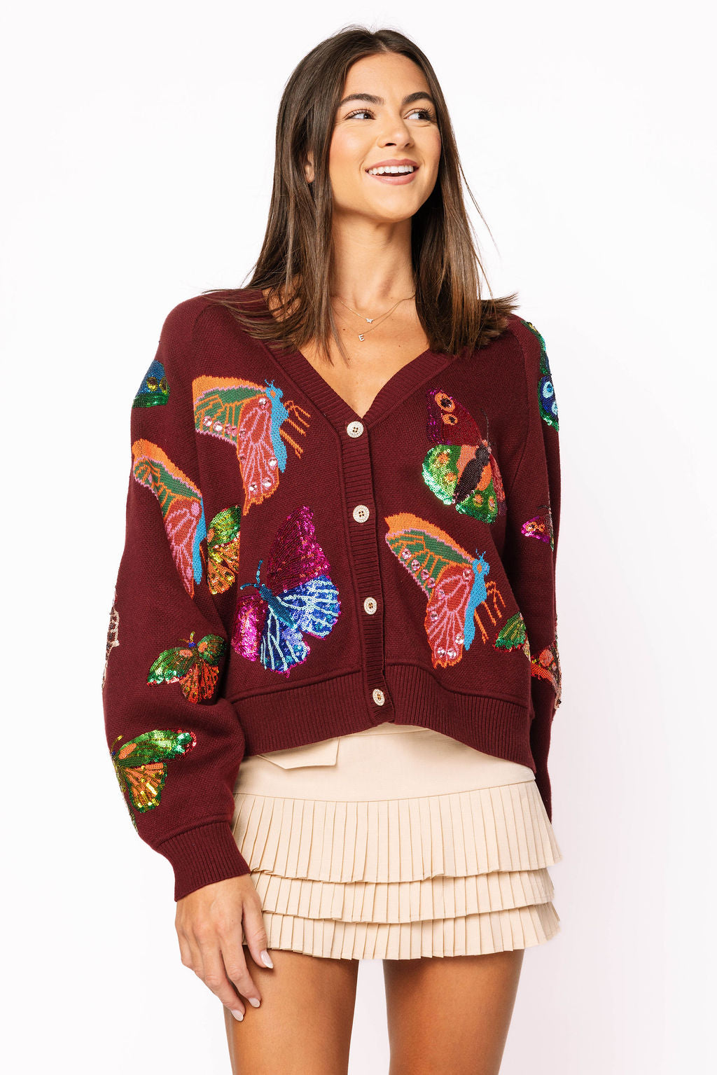 Maroon Multi Butterfly Button Up Knit Cardigan