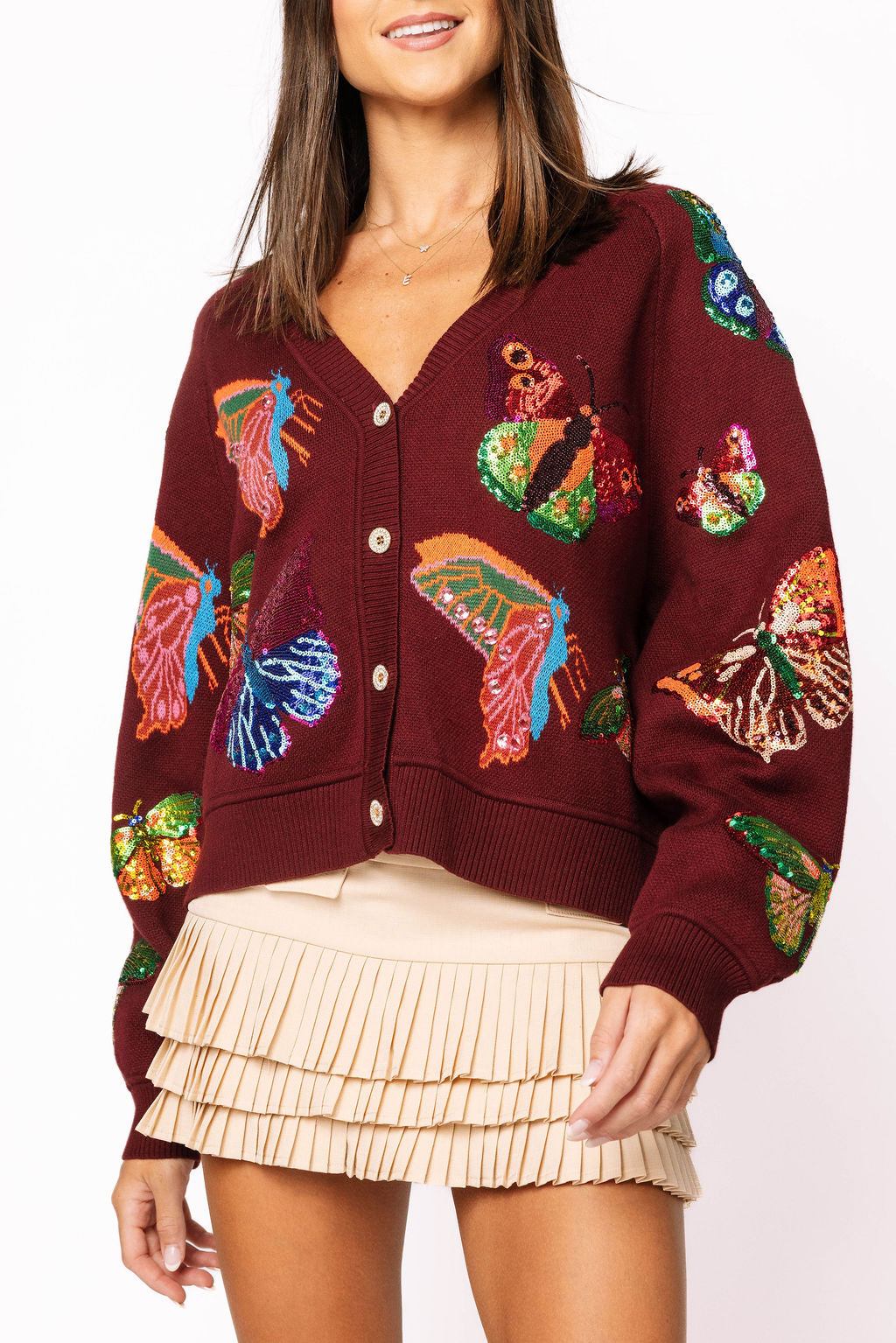 Maroon Multi Butterfly Button Up Knit Cardigan