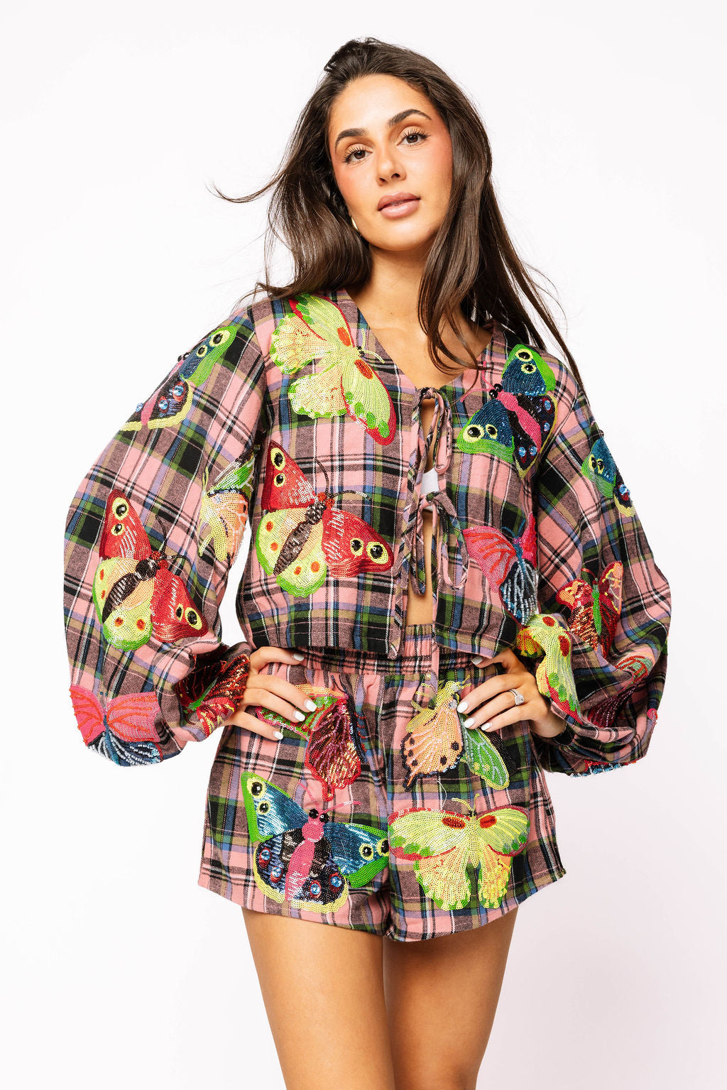 Sample Multi Plaid Neon Butterfly Cotton Tie Top/Short Set