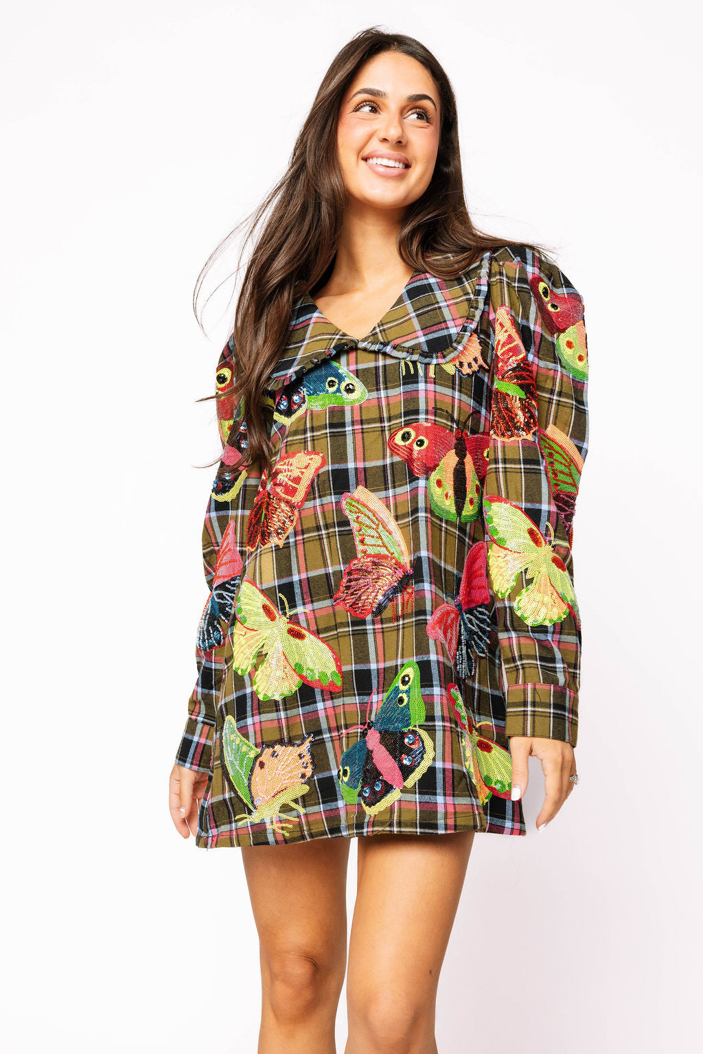 Sample Multi Plaid Neon Butterfly Oversized Collar Dress
