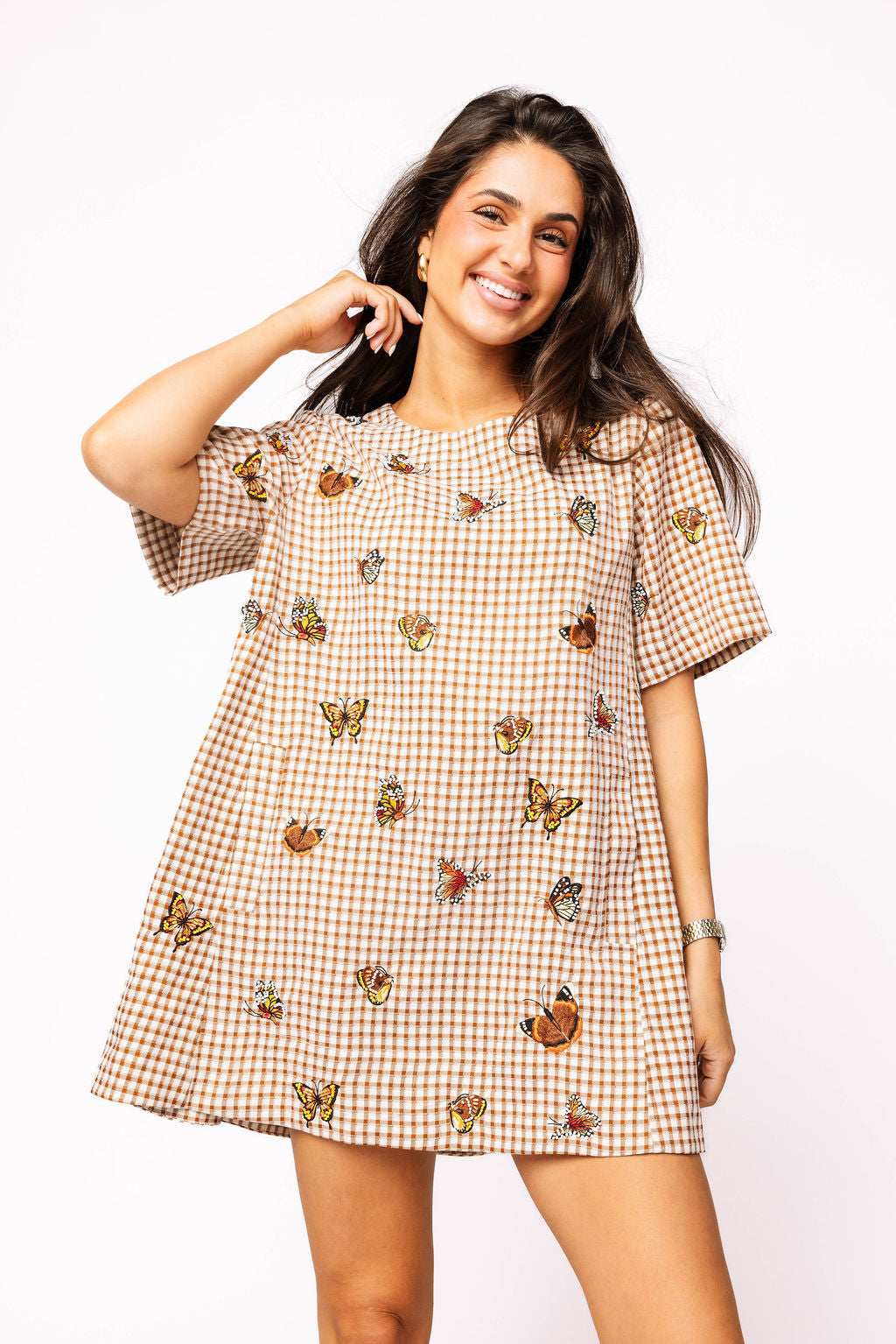 Brown Plaid Butterfly Short Sleeve Dress