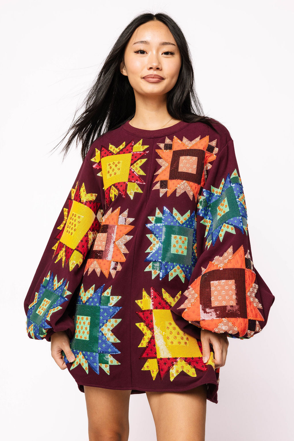 Maroon Multi Patchwork Balloon Sleeve Dress