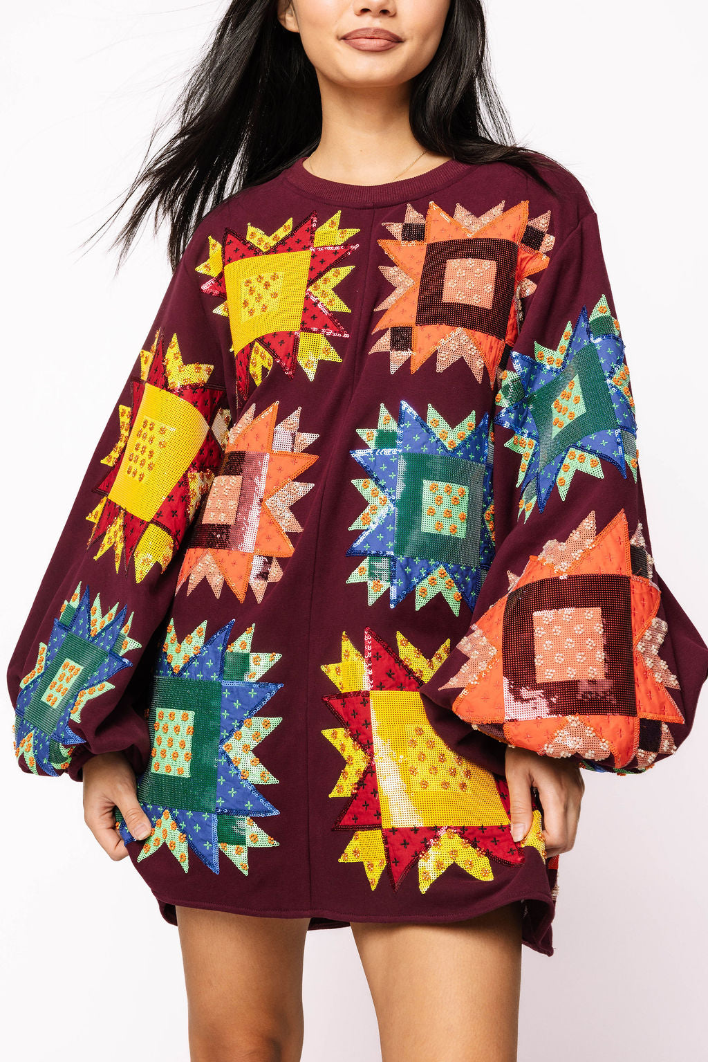 Maroon Multi Patchwork Balloon Sleeve Dress