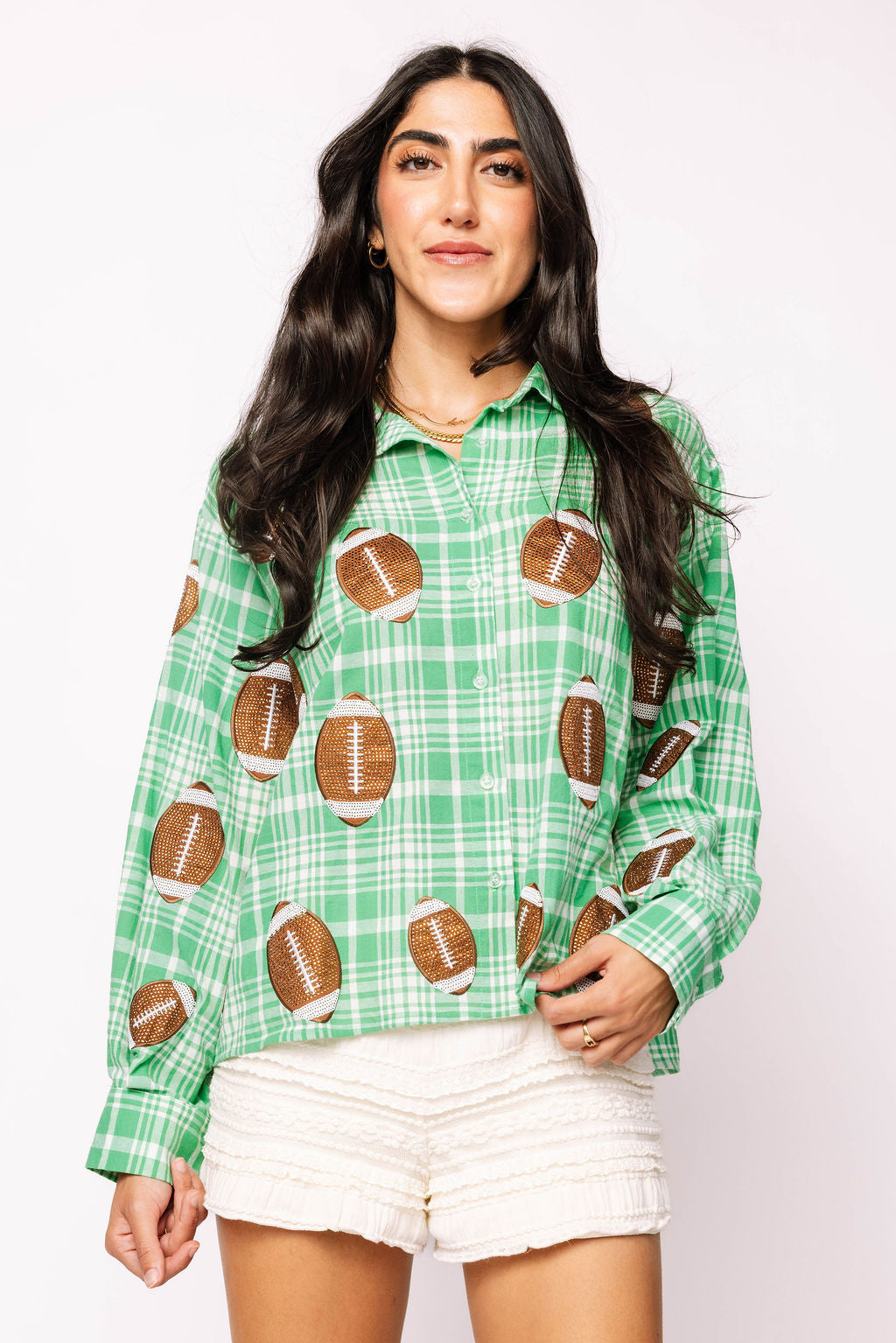 Licensed Sample - Green & White Rhinestone Football Button Down LS Shirt