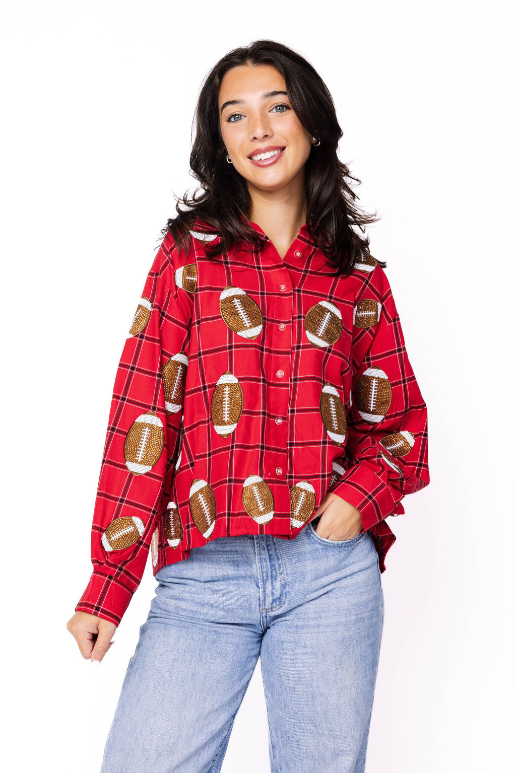 SAMPLE - Red/Black Plaid Rhinestone Football Button Down LS Shirt