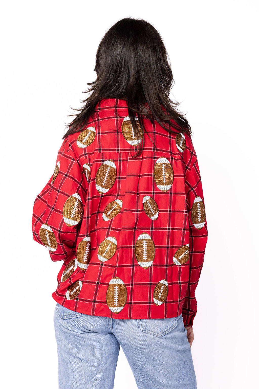 SAMPLE - Red/Black Plaid Rhinestone Football Button Down LS Shirt