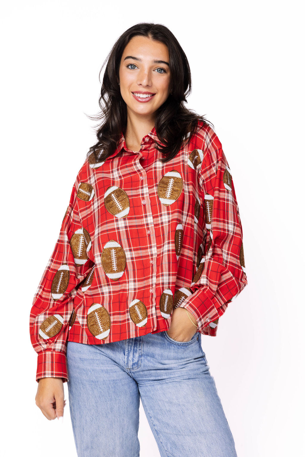 SAMPLE - Red/Black/White Plaid Rhinestone Football Button Down LS Shirt