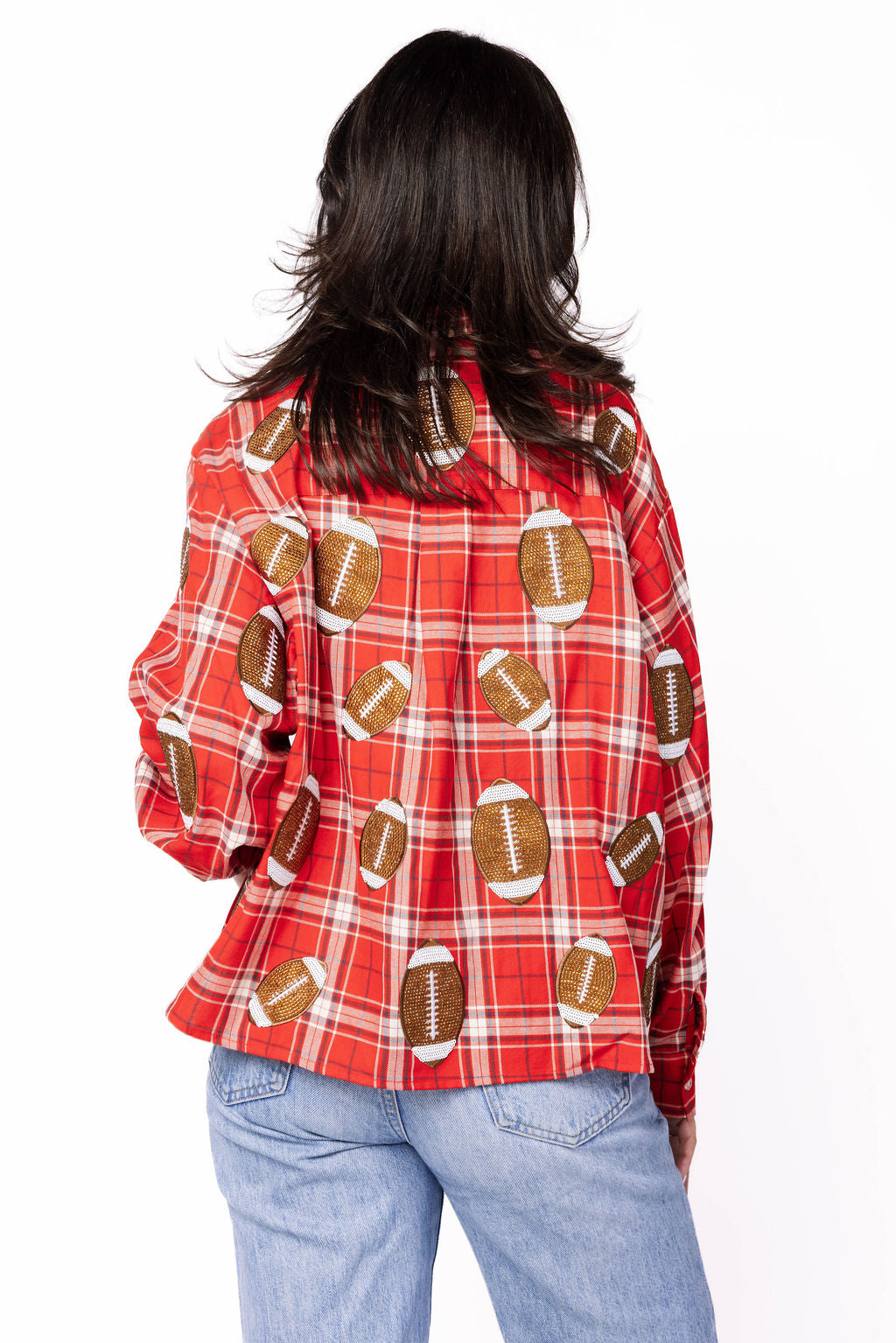 SAMPLE - Red/Black/White Plaid Rhinestone Football Button Down LS Shirt