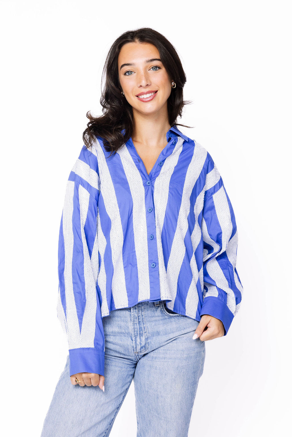 SAMPLE - Royal & White Sequin Striped LS Button Down